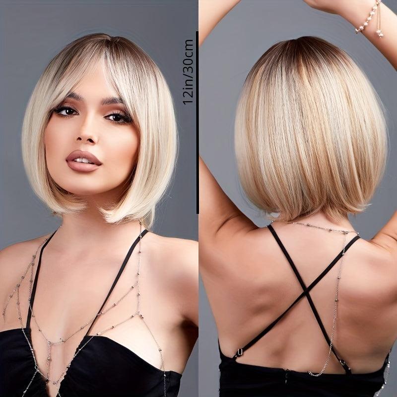 Short Blonde Bob Wigs With Bangs Heat Resistant Synthetic Fiber Natural Look