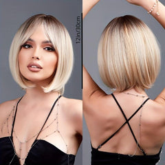 Short Blonde Bob Wigs With Bangs Heat Resistant Synthetic Fiber Natural Look
