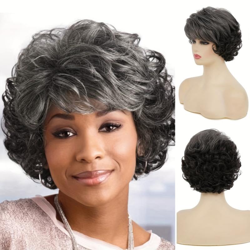 Golden Brown Short Hair Silver Grey Brown Rose Fluffy Ladies' Wig