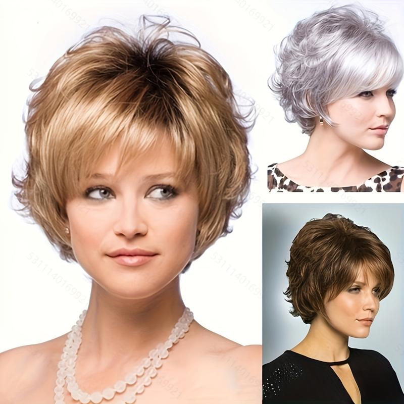 Golden Brown Short Hair Silver Grey Brown Rose Fluffy Ladies' Wig