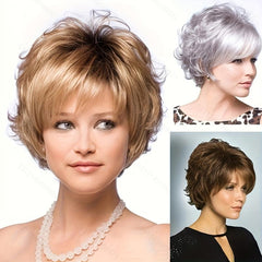 Golden Brown Short Hair Silver Grey Brown Rose Fluffy Ladies' Wig