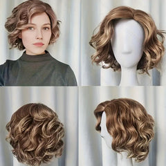 Little Sweetheart Rose Net Wig Short Curly Wig Golden Oblique Bang Head Cover