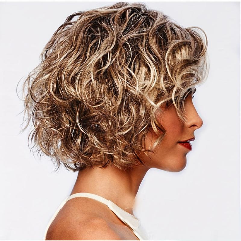 Little Sweetheart Rose Net Wig Short Curly Wig Golden Oblique Bang Head Cover
