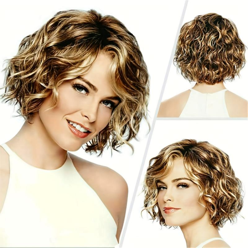 Little Sweetheart Rose Net Wig Short Curly Wig Golden Oblique Bang Head Cover
