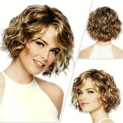 Little Sweetheart Rose Net Wig Short Curly Wig Golden Oblique Bang Head Cover
