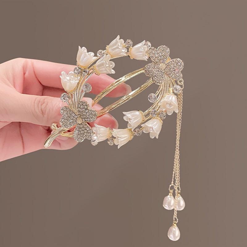 Hairpin Lily Of The Valley Flower Pearl Hairpin Inlaid Rhinestones Tassel