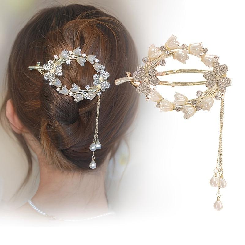 Hairpin Lily Of The Valley Flower Pearl Hairpin Inlaid Rhinestones Tassel