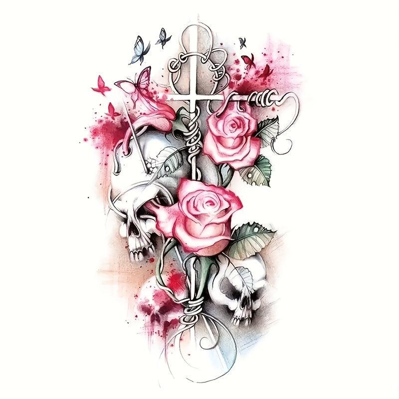 Waterproof Temporary Tattoo Stickers Rose Flower Butterfly Skull Pattern
