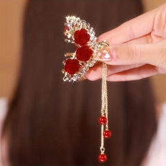 Vintage Red Rose Flower Pearl Ponytail Tassel Hair Clip