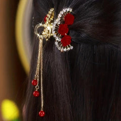 Vintage Red Rose Flower Pearl Ponytail Tassel Hair Clip