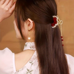 Vintage Red Rose Flower Pearl Ponytail Tassel Hair Clip
