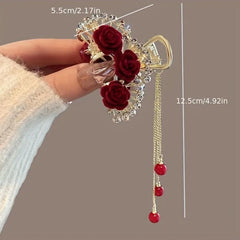 Vintage Red Rose Flower Pearl Ponytail Tassel Hair Clip