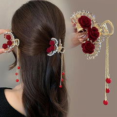 Vintage Red Rose Flower Pearl Ponytail Tassel Hair Clip