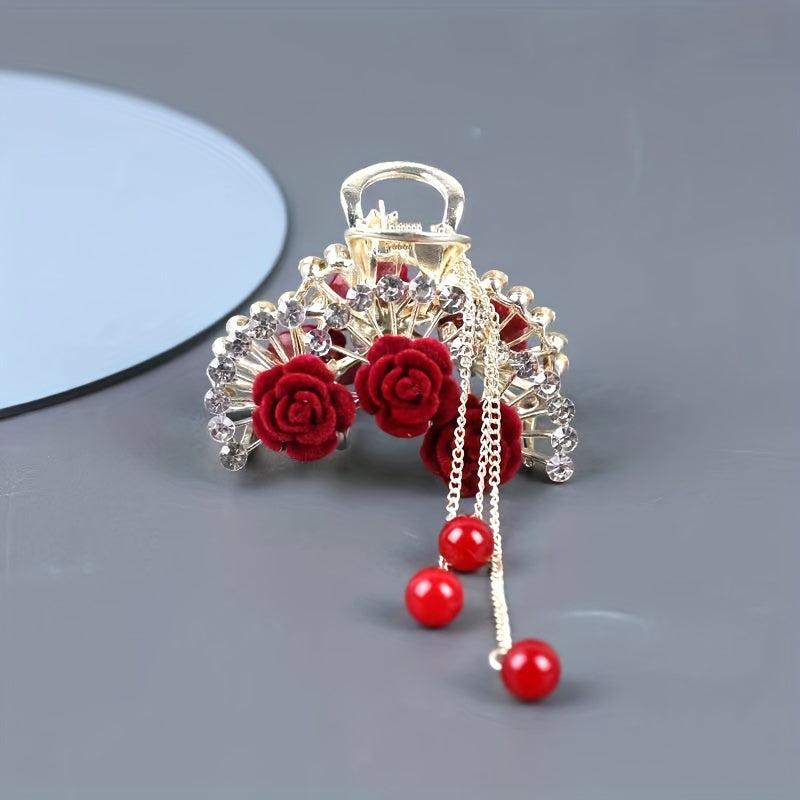 Vintage Red Rose Flower Pearl Ponytail Tassel Hair Clip