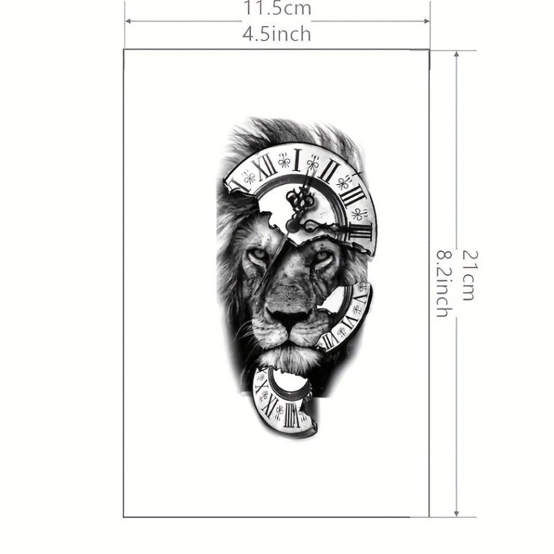 Lion And Broken Clock Tattoo Sticker Waterproof Temporary Tattoo