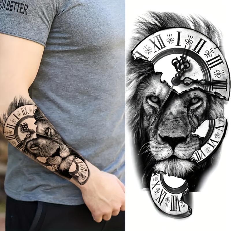 Lion And Broken Clock Tattoo Sticker Waterproof Temporary Tattoo