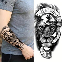 Lion And Broken Clock Tattoo Sticker Waterproof Temporary Tattoo