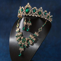 Baroque Crystal Bridal Jewelry Set Green Rhinestone Tiara Necklace