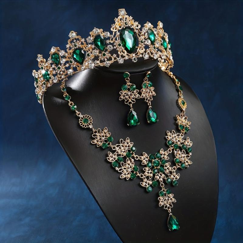 Baroque Crystal Bridal Jewelry Set Green Rhinestone Tiara Necklace