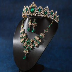Baroque Crystal Bridal Jewelry Set Green Rhinestone Tiara Necklace