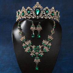 Baroque Crystal Bridal Jewelry Set Green Rhinestone Tiara Necklace