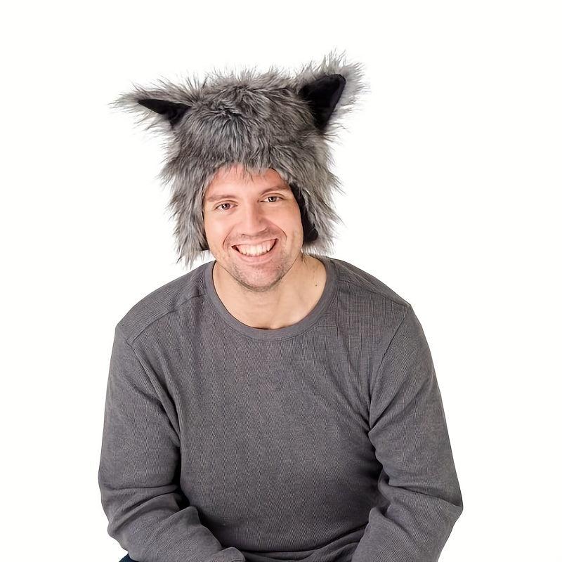 Men's Plush Wolf Animal Hood Furry Hat Halloween Costume