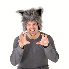 Men's Plush Wolf Animal Hood Furry Hat Halloween Costume