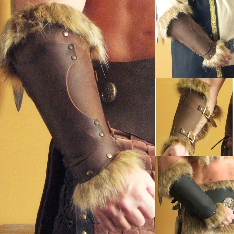 Men's Medieval Leather Fur Wristbands Halloween Arm Costume Props