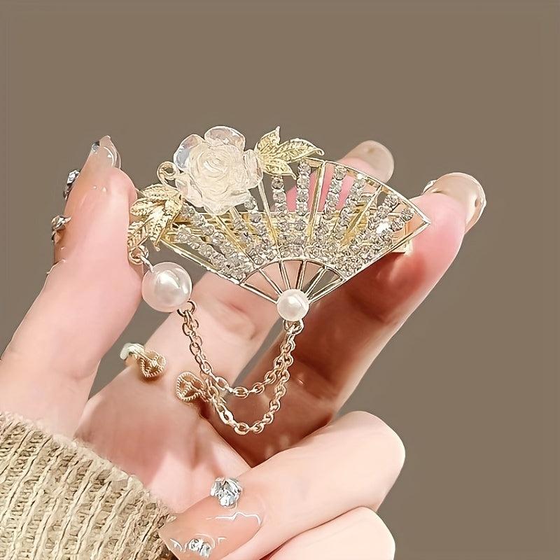 Vintage Fan & Flower Hairpin Rhinestone & Faux Pearl Hair Accessories
