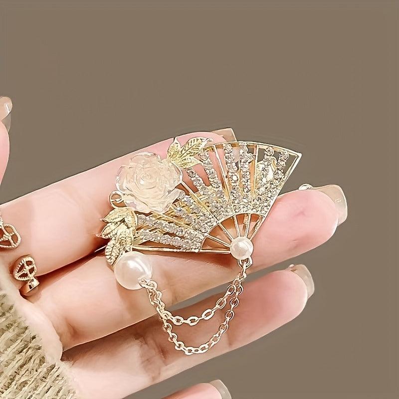 Vintage Fan & Flower Hairpin Rhinestone & Faux Pearl Hair Accessories