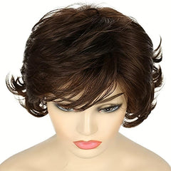Short Wavy Brown Wig With Fringe Puffy Heat resistant Synthetic Fiber Wig
