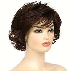 Short Wavy Brown Wig With Fringe Puffy Heat resistant Synthetic Fiber Wig