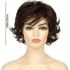 Short Wavy Brown Wig With Fringe Puffy Heat resistant Synthetic Fiber Wig
