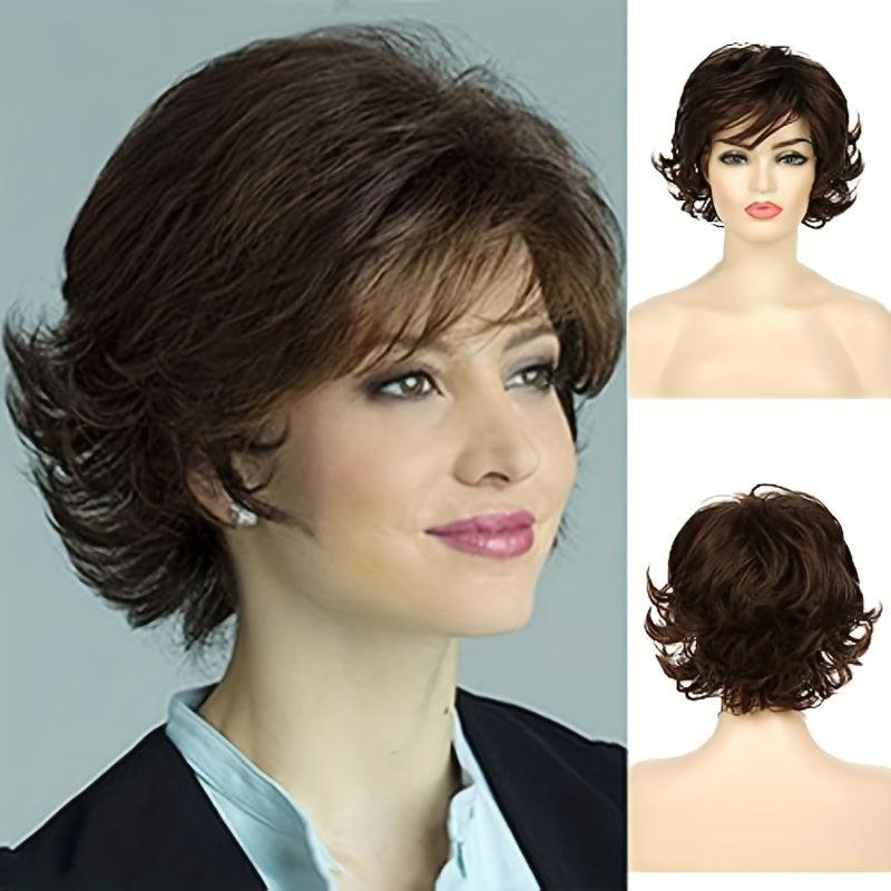 Short Wavy Brown Wig With Fringe Puffy Heat resistant Synthetic Fiber Wig