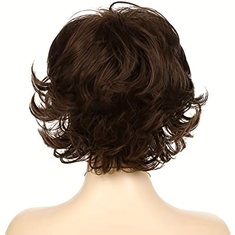 Short Wavy Brown Wig With Fringe Puffy Heat resistant Synthetic Fiber Wig