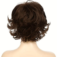 Short Wavy Brown Wig With Fringe Puffy Heat resistant Synthetic Fiber Wig