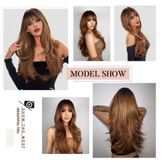 Light Brown Wig with Bangs Long Layer Heat Resistant Synthetic Natural Look