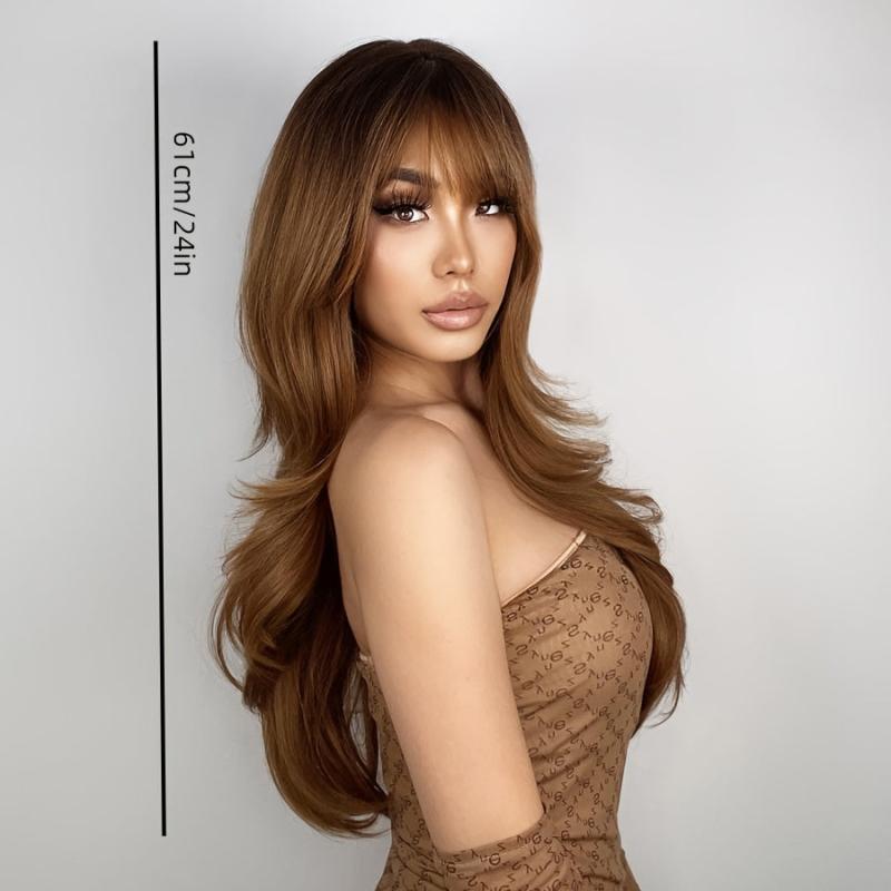 Light Brown Wig with Bangs Long Layer Heat Resistant Synthetic Natural Look