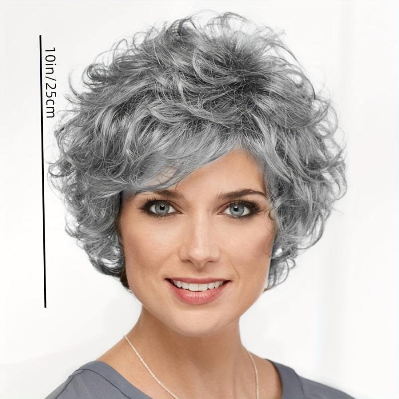 Short Grey Wavy Wig for Women Fluffy Layered Halloween Cosplay Wig