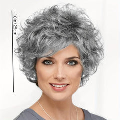 Short Grey Wavy Wig for Women Fluffy Layered Halloween Cosplay Wig