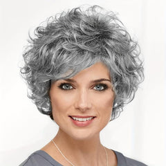 Short Grey Wavy Wig for Women Fluffy Layered Halloween Cosplay Wig