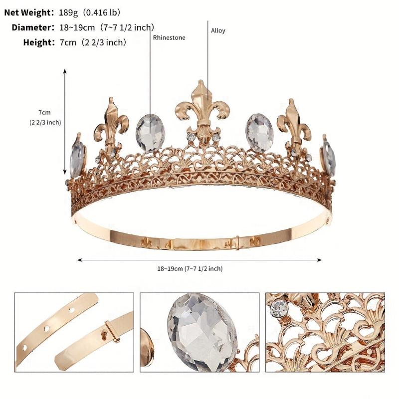 Men's Metal Crown Wedding Party King Crown Headdress Rhinestone Round Crown