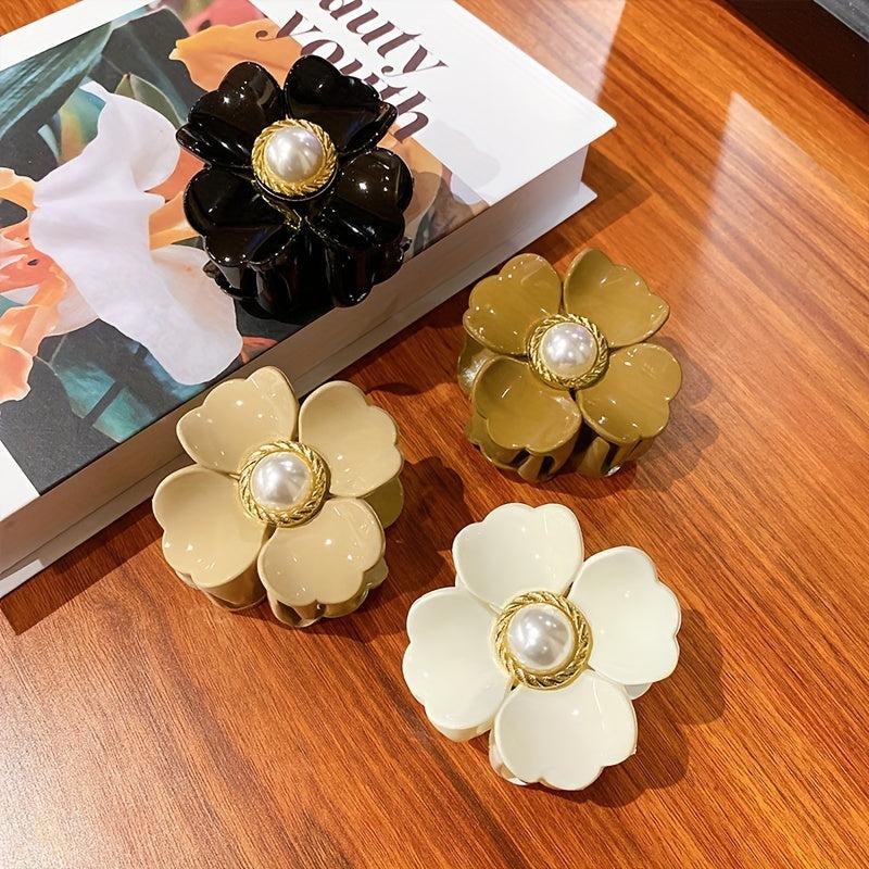 4pcs Flower Big Flower Hair Clips Faux Pearl Glossy Non slip Hair Accessories