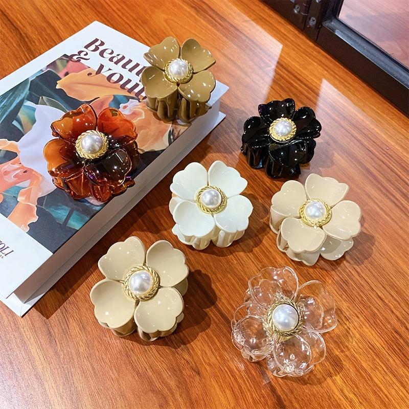 4pcs Flower Big Flower Hair Clips Faux Pearl Glossy Non slip Hair Accessories