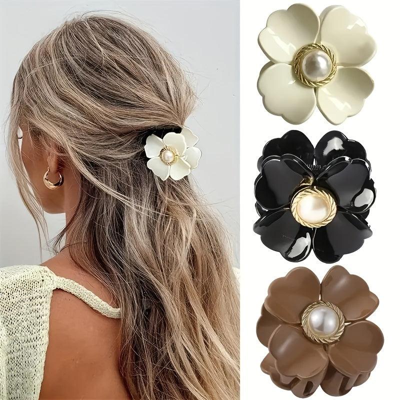 4pcs Flower Big Flower Hair Clips Faux Pearl Glossy Non slip Hair Accessories