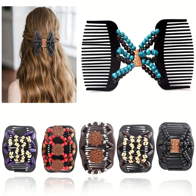 Wood Beaded Stretch Double Hair Combs Clips Bun Maker Hair Accessories