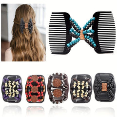 Wood Beaded Stretch Double Hair Combs Clips Bun Maker Hair Accessories