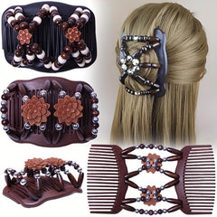 Wood Beaded Stretch Double Hair Combs Clips Bun Maker Hair Accessories