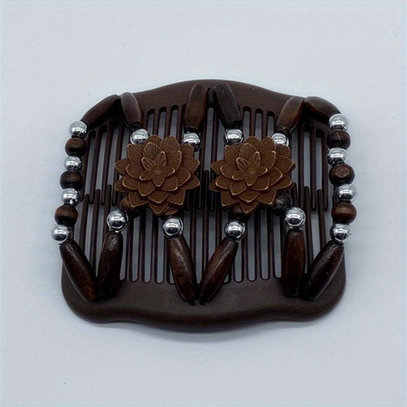Wood Beaded Stretch Double Hair Combs Clips Bun Maker Hair Accessories