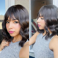 Short Wave Wig With Bangs Natural Look Heat Resistant Fiber Wig